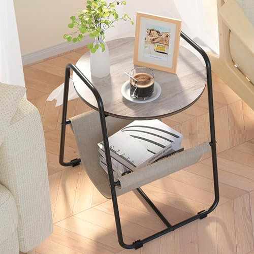 JOOLESER Beistelltisch für Wohnzimmer, Nachttisch, runder Nachttisch, Kleiner Akzent-Couchtisch für Sofa, Couch, Schlafzimmer, Nachttisch mit Stauraum, rustikales Braun und Schwarz (Greige)