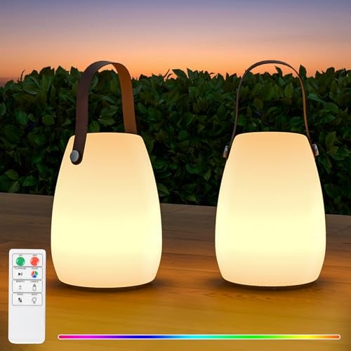 RWWR 2 Stück LED Outdoor Lampe Tischlampe Klein Kabellos Tischlampe 8 Farben Akku Tischleuchte Dimmbar mit Fernsteuerung IP44 für Camping Garten Balkon Terrasse (Trompete-Leder-Tragegriff)