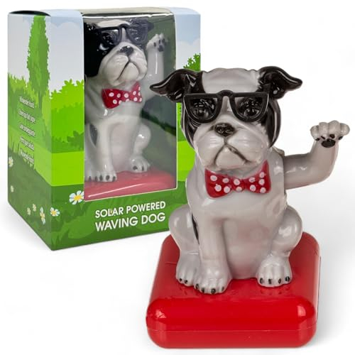 MIJOMA Solarbetriebene Wackelfigur - Bewegliche Figur mit Solarzelle, Kunststoff, 10 cm hoch, Keine Batterien notwendig, Für Fensterbretter, Autos & sonnige Plätze (Hund schwarz/grau)