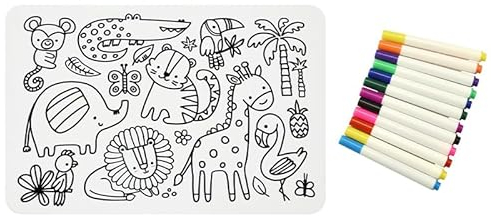 Sensory Junction Silicone Washable Colouring Placemat for Kids| Includes 1 Set of Colourful Pens Wipe Clean Reusable Eco-Friendly Colouring Pad (Jungle Mat)