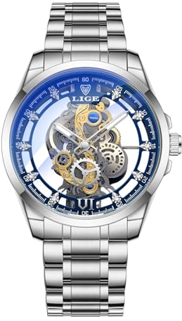 LIGE Montre Homme Etanche Analogique Tendance Classique Squelette Cadran Transparent Automatique Mécanique Lumineuses Élégant Acier Inoxydable Luxe Montres Bracelet pour Hommes, Argenté