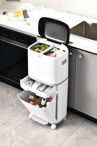 Warmiehomy Recycling Bins for Kitchen 42L Triple Bin with Pedal Vertical Waste Separation Kitchen Bin with Dual Inner Basket 4 Compartments Trash Can with Wheels