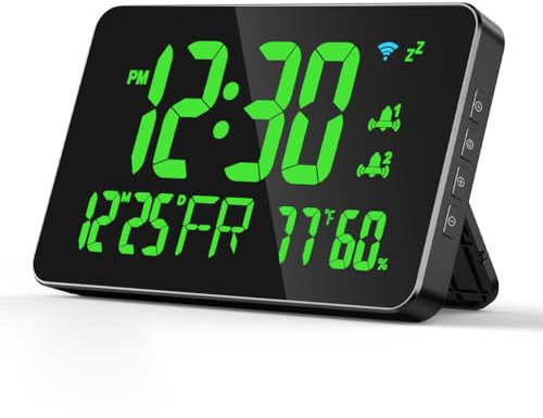 Ejoyous Wanduhr Digital, WiFi Digitale Uhr Tischuhr mit Temperaturanzeige und Feuchtigkeitsanzeige LED Schreibtischuhr Tischwecker mit Datum Wochentag (Green)