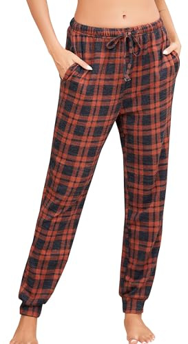 Wikoan Pantalon de Pyjama Femme en Polaire Bas Pyjama Long avec Poches Pantalon de Nuit Chaud Doux Vêtements de Nuit à Carreaux S-XXL | Pantalon de nuit élastique doux et chaud pour femme avec cordon de serrage S-XXL