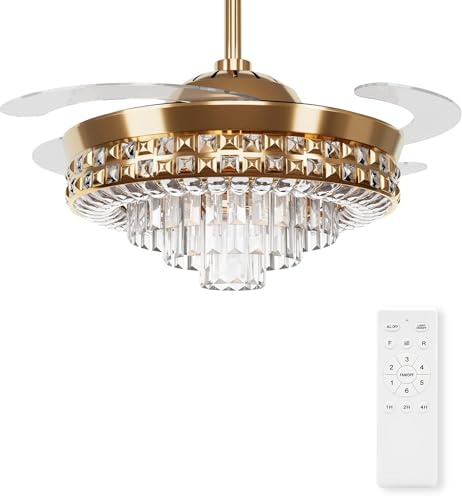 107cm Crystal Ceiling Fans with Lights and Remote,Dimmable LED Fandelier with Reversible Retractable Invisible Blades, 6 Speeds Indoor Ceiling Fan Light for Living Room Bedroom Kitchen (Gold-A)