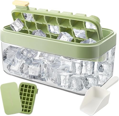 1 Set Small Ice Cube Tray with Lid - 28 Grid Ice Cube Mould with Storage Box and Scoop - Plastic Freezer Tray for Whiskey Cocktail Tea Coffee Juice - Green 21.6 x 13.2 x 10.9 cm