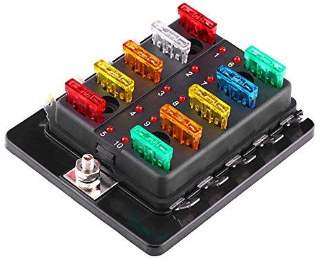 Yctze Sicherungshalter, 10-Wege-Sicherungskastenblockhalter mit LED-Warnlicht-Kit für Van Van Boat Marine Black für auto sicherungskasten wohnmobil 12v stecksicherungen vw blockhalter kfz sicher