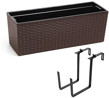 Jardinière de balcon en plastique avec support en métal Moka et rotin 56 x 15 x 19 cm