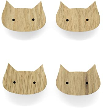 PLT 4 Stück Tierische Griffe für Kindermöbel aus unbehandeltem Eichenholz im Katzen-Motiv, Knauf, Knopf für Kommode, Schrank, Schublade, Tür, Kinderzimmer, Geschenkidee (4, Katze)