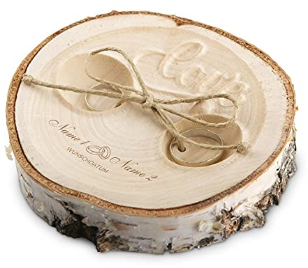 Kartenmachen.de Individuelles Hochzeit Ringkissen Love Birkenscheibe inkl. Text Namen Gravur ca. 11 cm Durchmesser - Zwei Ringe Motiv