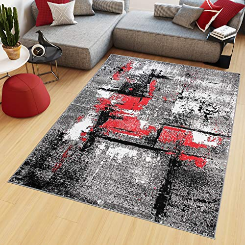 TAPISO Maya Teppich Kurzflor Modern Grau Creme Rot Streifen Design Meliert Wohnzimmer Schlafzimmer ÖKOTEX 140 x 200 cm