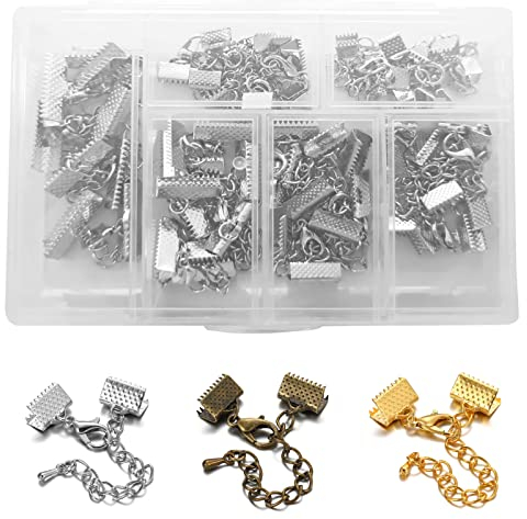30 Paar Band Crimp Klemmenden mit Karabinerverschluss und Verlängerungskette, verschiedene Größen Armband-Lesezeichen-Kappen Leder Prise Crimp Verschlüsse Verschlüsse mit Box (Silber)