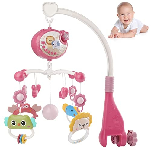Cot Mobile for Babies, Baby Mobile for Crib, Hanging Projection Mobile with Music Box, Timing Function, Musical Mobile for Baby, Gifts for 0-12 Months Newborn (Pink)