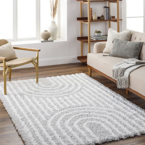 Livabliss Kalba Shaggy Berber Teppich - Flauschiger Teppich groß für Wohnzimmer, Esszimmer, Schlafzimmer, Langflor Hochflor Teppiche flauschig - 160x220 cm, Wohnzimmerteppich in Hellgrau und Weiß