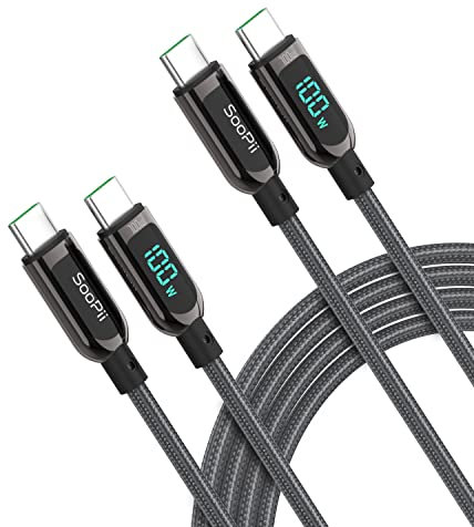 SOOPII USB C to USB C Cable,[3M,2 Pack],Nylon Braided Type-C Cable,100W PD Fast Charging Cable with LED Display for lPhone 15/15 Pro,lPad Air, MacBook Pro,Galaxy S23/S22 (Grey)