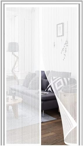 Mosquitera Puerta Magnetica 75x200cm, Cortina Antimoscas de Malla Antimosquitos con Iman,Cierre automático, No Requiere Herramientas, Fácil de Instalar, Rayas Blancas