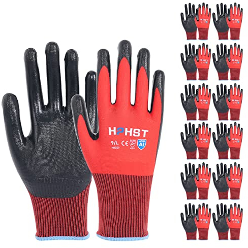 HPHST Handschuhe Arbeitshandschuhe, 12 Paar Arbeitshandschuhe Herren Damen mit Nitril-Beschichtung Gartenhandschuhe Touchscreen Arbeit Handschuhe Schutzhandschuhe für Montagearbeit (Rot, Large)