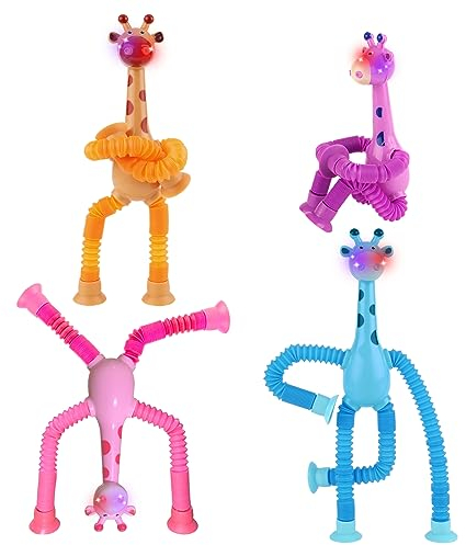 Hlzds 4PCS LED Telescopic Suction Cup Giraffe Toy, Pop Tubes, Shape Changing Telescopic Tube Fidget ToysK,Fidget Tubes Sensory Toys for Girls Boys