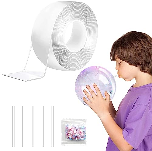 Nano Tape Bubble Kit, Traceless Adhesive Nano Tape for Making Bubbles mit Glitzer und 50 Strohhalme Nano Tape Elastic Bubble DIY Craft Kit für Party Favors Mädchen und Jungen(3m*3cm*1mm)
