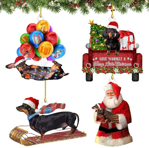 Weihnachtsbaumschmuck, Christbaumschmuck, 4 Stück Weihnachtsanhänger, Dackel Geschenke, Christmas Decorations, Acryl Spaß Weihnachten Ornamente, Weihnachtsdeko Hängend, Christbaumschmuck Dackel