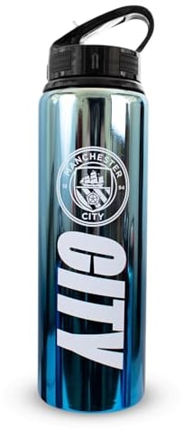 Hy-Pro Officially Licensed Manchester City F.C 750ml Aluminium UV Bottle ,Integrated Folding Straw, Neochrome Finish, Leakproof, Lightweight, BPA Free, Man City, Blue
