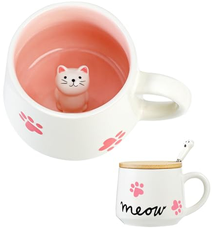 BigNoseDeer Kawaii Cat Mug with 3D Kitty Inside Ceramic Tea Cup Coffee Mug Cute Mugs Gifts for Women, Kids, Friends, Girls, Teens (13oz, 400ml) - Cat-shaped, Novelty Coffee Mugs