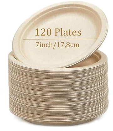 SOSINYA 120 Assiette en bagasse Jetable Rigide biodégradables compostables écologique vaisselle jetable et pratique pique-nique pique-nique restaurant 7''en fibre de canne,pour le dessert steak
