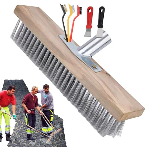 Wire Broom Set - Stiff Bristle Broom, Wire Bristle Broom | Heavy Duty Steel Cleaning Brooms, Outdoor Garden Broom, Patio Broom with Robust Metal Holder, Concrete Tile Floors Broom for Deck