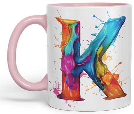 Vixar Letter K Mug, Alphabet Letter K Monogram Watercolour Ceramic Coloured Mug Cup for Tea Coffee Hot Brew 330ml 11Oz Gift (Pink)