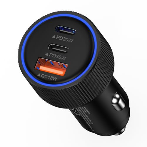 Carica Batteria per Auto, 78W Total Presa Accendisigari USB C PD & QC 3.0 Fast Charging Caricabatterie, Caricatore Auto Compatibile con iPhone 16 15 14 13 12 Pro Max iPad Samsung S23 Tablet etc.