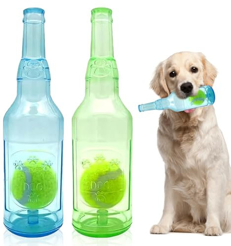 Anmahe 2 PCS Ball in a Bottle Dog Toy, Squeaky Dog Bottle Toy, Plastic Bottle Toys for Dogs with Tennis Ball, Water Bottle Cruncher Dog Toy, for Small Medium Dogs, Indoor/Outdoor Dog Toy (Green,Blue)