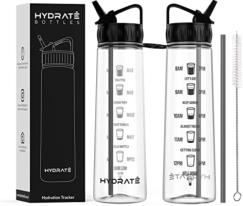 HYDRATE 900ml Trinkflasche mit Zeitmarkierungen - Sport Wasserflasche mit Strohhalm, BPA-freie Trinkflasche Strohhalm aus Tritan ideal für Gym, Büro, Wandern, Fitness, Sportflasche (Schwarz)