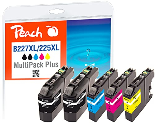 Peach B221/223/225/227/229 Spar Plus Pack Druckerpatronen XL (2xBK, C, M, Y) ersetzt Brother LC-227XLVALBP für z.B. Brother MFCJ 4420 DW, Brother MFCJ 4625 DW, Brother MFCJ 4620 DW