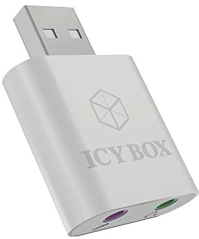 Icy Box IB-AC527 Externe USB-Soundkarte / USB zu Kopfhörer & Mikrofon (2x 3,5 mm) Adapter, Aluminiumgehäuse (silber)
