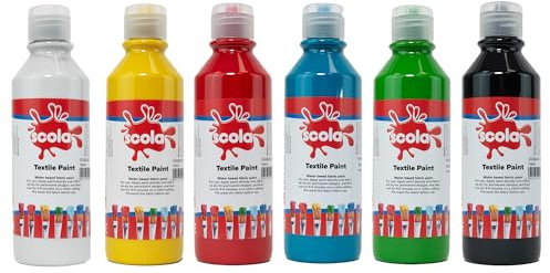 Scola Textile Fabric Paint, 6 Assorted Colours, 300ml Bottles, School Supplies, Art and Crafts Projects, Children's Craft Projects, Ideal for Kids