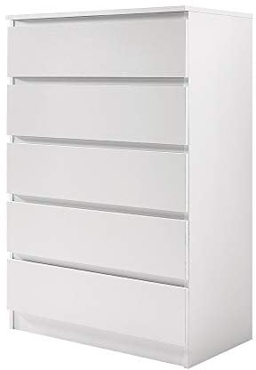 Panana Wooden 3/4/5/6 Chest of Drawers with Metal Runners Modern Bedside Storage Cabinet for Living Room Hallway Bedroom (White, 5 Drawer Chest)