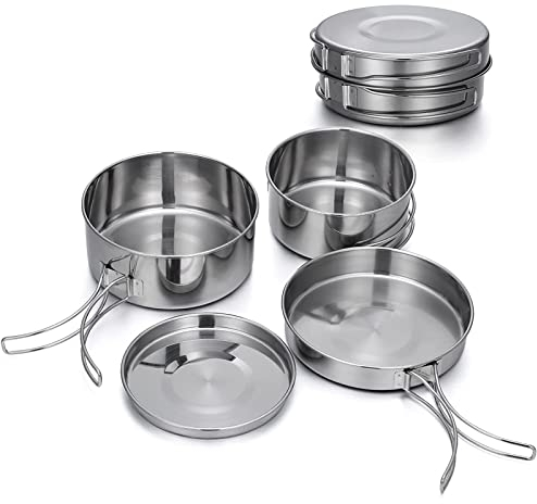 Funvalley Surperfect 4-Piece Stainless Steel Camping Cookware Set, Lightweight & Durable, Foldable Handles, Non-Stick, Multi-Purpose