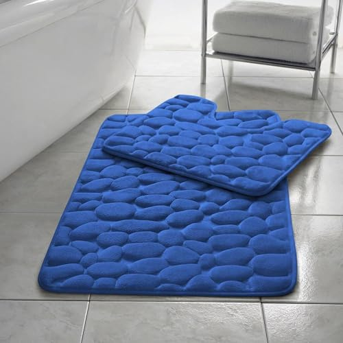 Homespace Direct Pebbles Non- Slip Memory Foam Bath Mat/Toilet Mat Set Blue