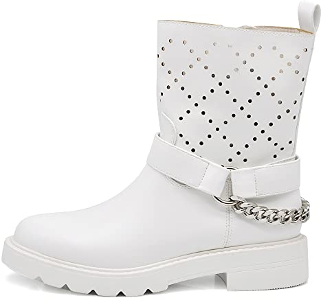 IF Fashion Scarpe da Donna Stivali Primaverili Estivi Traforati Alla Caviglia Biker Motociclista Con Catena Cinghia D7910 bianco N.38