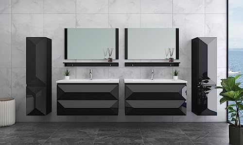 Badmöbelset Miran Hochglanz Schwarz/Weiß 90cm (Schwarz, 2X waschbeckenunterschrank)