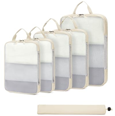 ECOHUB 6 Teilige Koffer Organizer Kompression Set, Netzgewebe Ultraleichte Packtaschen für Rucksack, Recycelt Packwürfel Kompression für Handgepäck, Packing Cubes Reise, Patent Angemeldet(Beige)