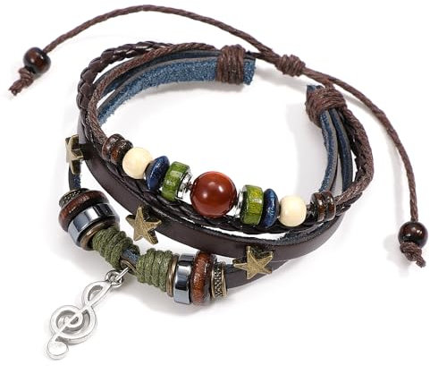 LLOUSSAK Geflochtene Lederarmband für Männer Frauen, Punk Goth Vintage Armband, Men Geflochten Breites Armbänder, Hanf Cords Holz Perlen Manschette Armbänder Einstellbar