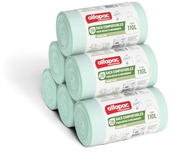 alfapac professionnel - Carton de 200 sacs-poubelle compostables - 110L | 10 rouleaux de 20 sacs - Sans lien - Pour déchets organiques