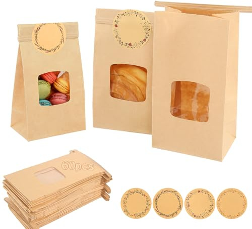 60 Stück Kekstüten Kleine Plätzchentüten Braune Papiertüten mit Fenster Kraftpapier Tüten mit 64 Aufklebern Gebäcktüten für Brottüten Süßigkeiten Süßwaren (9X6X17cm)