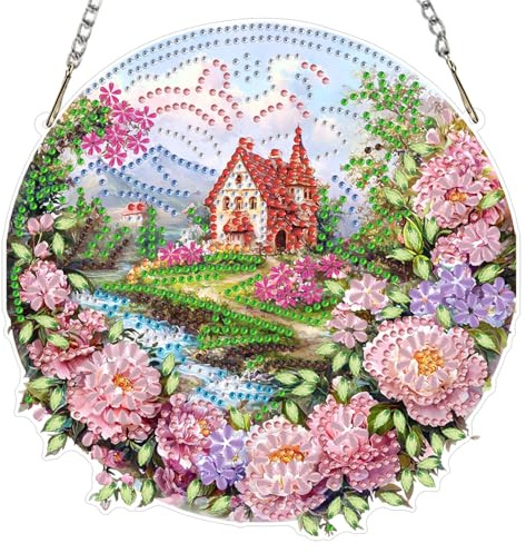 MAXBYE Landscape Diamond Painting Art Hanging Pendant Kits, Adults Pink Flowers Crystal Diamond Ornaments, DIY Gem Special Shaped Hanging Pendants Art Craft Decor for Gift Home Wall & Window 20x20cm
