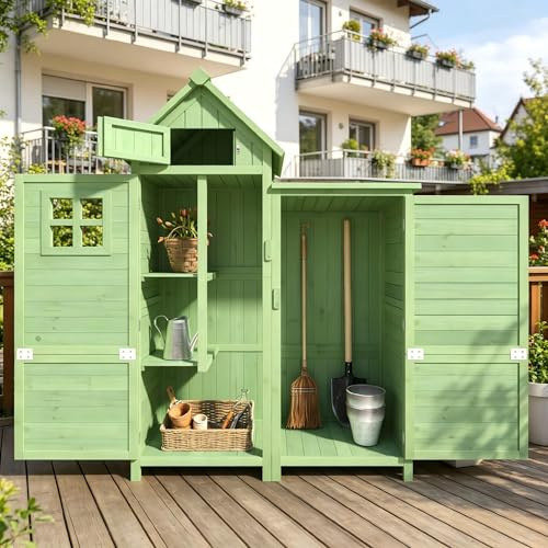 Su & Chan Legence Gartenhaus aus Holz, Geräteschuppen mit 2 Ablagen, 2 Türen und PVC-Dach, wetterfest Gartenschrank für Garten, Balkon und Terrasse, Grün