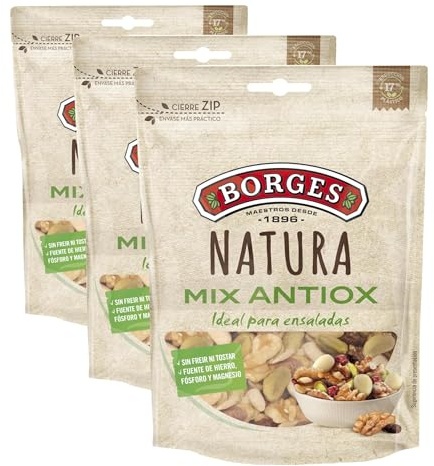 Borges - Cocktail Variado de Almendras, Pipas, Nueces, Arándanos, Pasas y Pistachos Crudos Antiox - Con alto contenido en Ácidos Grasos, Ácido Linocélico, Fibra, Magnesio - Sin Gluten - 130g