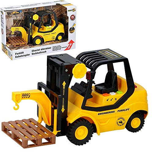 BAKAJI Muletto Giocattolo per Bambini Movimento a Frizione Gioco con Effetti Sonori Forche Elevatrici Funzionanti Gancio e Pedana Pallet Curato in Ogni Dettaglio