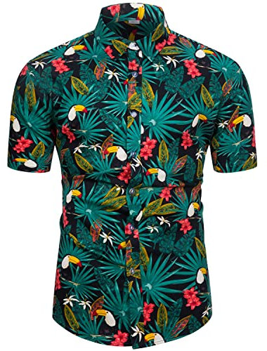 fohemr Funky Hawaiian Shirts for Men Short Sleeve Tropical Button Down Summer Beach Shirts Parrot Print Green Small