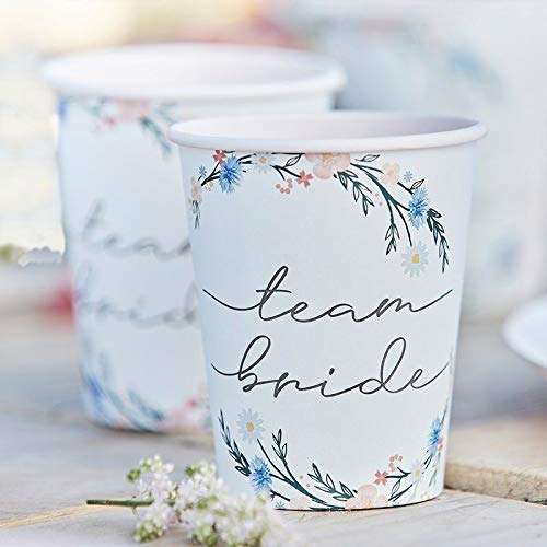 Party-Becher Team Bride Boho Flower Blumen-Motiv Pappbecher Einweg-Geschirr JGA in rosa & Pastell Tisch-Deko Junggesellinnenabschied Junggesellenabschied JGA-Party Accessoires 24 Becher